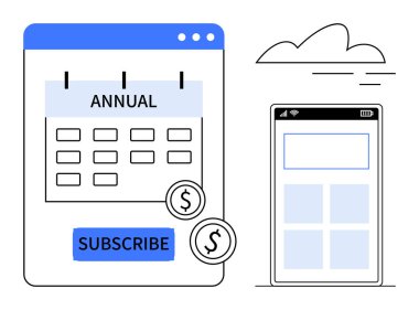 İnteraktif abonelik takvimi yıllık olarak işaretlenmiş, abonelik düğmesinin yanında ödenmek üzere bozuk paralar ve mobil uygulama arayüzü. Finans, teknoloji, planlama ve e-ticaret için ideal. Basit düz metafor