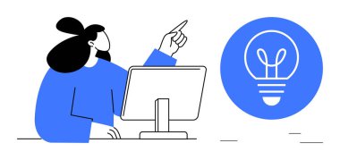 Masada beyin fırtınası yapan bir kadın ampulü işaret ediyor. Yaratıcılık, yenilik, tasarım, beyin fırtınası, takım çalışması, problem çözme, basit iniş sayfası için ideal