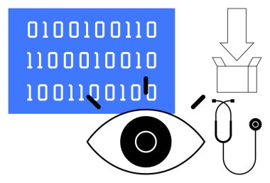 İkili kod paneli, görme ve izleme için göz, sağlık hizmetini sembolize eden steteskop, veri paketleme için kutu ve indirme oku. Teknoloji, sağlık, veri analizi, dijital güvenlik ve yapay zeka için ideal