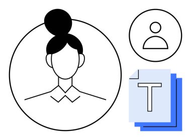 Daire içinde bir kadın portresi, genel kullanıcı simgesi ve dizilmiş metin dosyaları. Web tasarımı, uygulama geliştirme, avatarlar, hesaplar, kullanıcı profilleri, belge yönetimi basit iniş sayfası için ideal