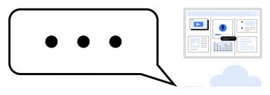 Bulut tabanlı gösterge tabanlı çizelge arayüzünün yanında sohbet konuşma balonu. İletişim, veri paylaşımı, bulut teknolojisi, uzaktan çalışma, analiz, işbirliği, dijital araçlar için ideal. Basit düz