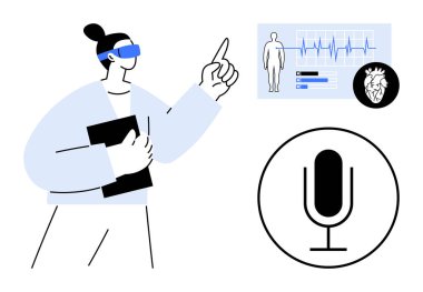 VR kulaklık takan kişi dijital bir arayüzde sağlık verilerini analiz ediyor. Mikrofon ikonu ve vücut taraması da dahil. Sağlık hizmetleri, yapay zeka teknolojisi, teletıp, yenilik, eğitim, dijital araçlar için ideal