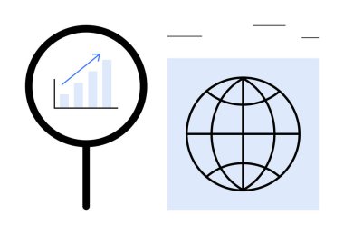 Büyüteç, bir dünya ikonunun yanında yükselen bar tablosuna odaklanıyor. Ticari büyüme, veri analizi, küresel ulaşım, pazar eğilimleri, araştırma, strateji ve analitik için ideal. En az düz metafor