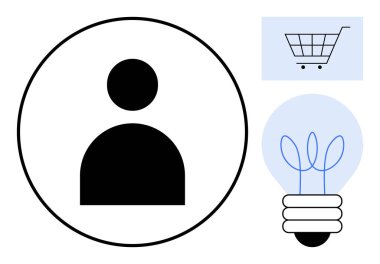 Çemberde kullanıcı silueti, alışveriş arabası ve lamba çizimi. Kullanıcı arayüzü, e-ticaret, yenilik, teknoloji, yaratıcılık, modern iletişim için ideal. Basit düz metafor