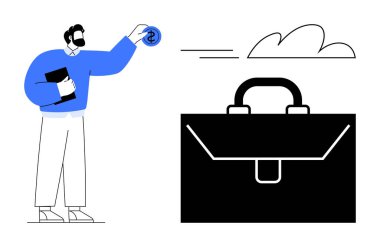 Elinde bir belge tutan adam, minimalist tarzda büyük bir evrak çantasına bozuk para atıyor. Finans, yatırım, girişimcilik, iş karar verme, kurumsal strateji, tasarruf için ideal