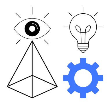 Geometrik piramidin tepesindeki göz, fikirleri sembolize eden ampul, süreçler için mavi dişli. Yaratıcılık, yenilik, vizyon, strateji, problem çözme takım çalışması ve verimlilik için ideal. Basit düz