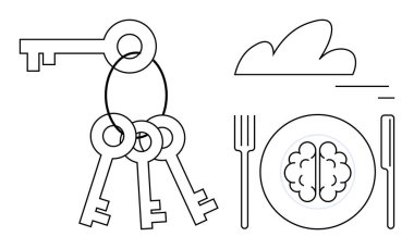 Çatal ve bıçakla bir tabakta, bir beynin yanında asılı duran dört anahtar. Eğitim, bilgi, çözümler, yaratıcılık, büyüme zihniyeti, fikirler, basit iniş sayfası
