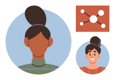 Yan profili ve bir ağ şeması olan iki kadının gülümseyen portresi. Bağlantı, ağ, iletişim, takım çalışması, kimlik, çeşitlilik, işbirliği için ideal