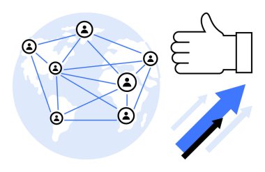 Bağlı insan simgeleri, baş parmaklar, yukarı doğru oklar. Ağ oluşturma, takım çalışması, geri bildirim, iletişim, teknoloji, büyüme sade iniş sayfası için ideal