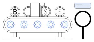 Nakliye bandındaki para birimleri, dişliler, bir büyüteç ve dijital elementler finansal otomasyon ve analizi akla getiriyor. Finans, para, otomasyon, teknoloji ve analitik için ideal