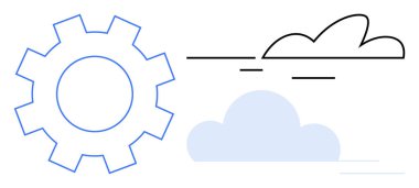Mavi çizgili teçhizat ve stilize bulutlar teknoloji, yenilik ve bulut çözümlerini çağrıştırıyor. Bulut hesaplama, otomasyon, işbirliği, strateji, mühendislik, veri depolama için ideal basit