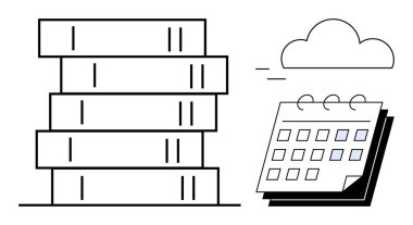 Takvimin yanında yüzen bir bulutla işaretlenmiş bir yığın kitap. Eğitim, öğrenme, planlama, zaman yönetimi, programlama, bilgi teslim tarihi kavramları için idealdir. Basit düz metafor