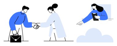 İş adamları el sıkışıyor, anlaşma imzalıyor, kadın panoyu işaret ediyor. Takım çalışması, ortaklık, işbirliği, müzakere, iş planlaması, iletişim, basit iniş için ideal