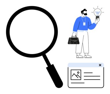 Büyük boy büyüteç, ampullü ve çantalı adam, web arayüzü. Yaratıcılık, araştırma, yenilik, analiz, keşif fikir üretme problem çözme için idealdir. Basit düz metafor