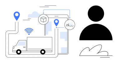 Teslimat kamyonu konum pimleri, kablosuz sinyaller, paket simgesi ve dijital cihazlarla haritalanmış rota haritası. Ulaşım, lojistik, tedarik zinciri, bağlantı ve teknoloji yönetimi için ideal