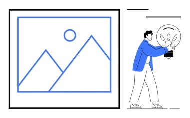 Parlayan bir ampul tutan şahıs, çerçevelenmiş dağların ve güneşin görüntüsünün yanında duruyor. Yaratıcılık, üretkenlik, yenilik, tasarım, sanat, beyin fırtınası için ideal. Basit düz