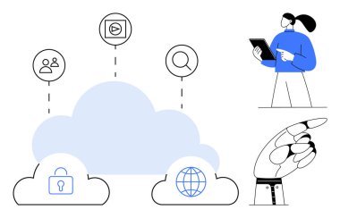 Kilit, küre ve insan simgelerine sahip bulut platformları tablet kullanan kadın, robot el işaretleri. Bulut hesaplama, güvenlik, yapay zeka, yenilikçi takım çalışması dijital dönüşüm için ideal basit iniş