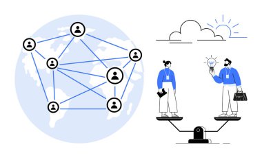 Dünya haritası üzerinde birbirine bağlı profiller ağı, fikir alışverişinde bulunan iki birey. Takım çalışması, yenilik, eşitlik, iletişim, küreselleşme, ağ oluşturma, sorun çözme için ideal