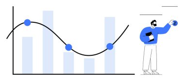 Üst üste bindirilmiş eğilim çizgisi ve düğümleri olan bar tablosu, belge tutan ve veri sunan işadamı. Analiz, istatistik, büyüme eğilimleri, iş stratejisi, karar verme mekanizması, veri