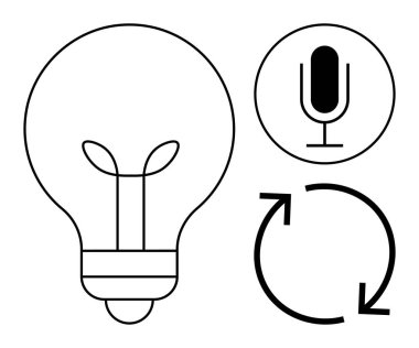 Fikirleri simgeleyen ampul, sesi veya iletişimi temsil eden mikrofon ve yinelemeyi veya güncellemeyi sembolize eden taze ok. Yenilik, işbirliği, teknoloji ve yaratıcılık için ideal