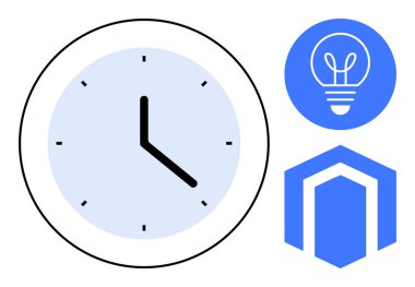 Minimalist tasarımı olan saat yüzü, fikirleri sembolize eden mavi ampul ve geometrik yapı. Zaman yönetimi, yenilik, üretkenlik, teknoloji, beyin fırtınası, planlama ve basit bir