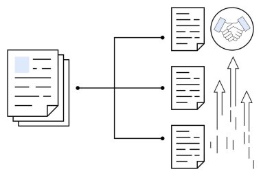 Birden fazla dosyaya ayrılan belge yığını, akış şeması bağlantıları, işbirliği için tokalaşma, ilerleme için yukarı doğru oklar. Takım çalışması, organizasyon, üretkenlik, büyüme ve verimlilik için ideal