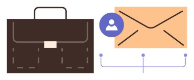 Kahverengi evrak çantası, büyük zarf, kullanıcı avatarı ve dijital konnektörler anahtar temaları sembolize eder iş dünyası, iletişim, ağ, takım çalışması, kurumsal değişim, kariyer ve iş akışını simgeler