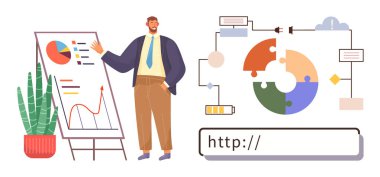 Tabela, bulmaca diyagramı, dijital akış şeması ve web adres çubuğundaki çizelgeleri açıklayan adam. İş stratejisi, analitik, yenilik, takım çalışması, veri görselleştirme dijital teknolojisi için ideal
