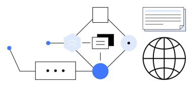 Birbirine bağlı düğümlerle akış şeması, küresel dünya sembolü, dosya kartları ve süreçleri gösteren oklar. Teknoloji, işlemler, ağ, iletişim, veri yönetim sistemi tasarımı için ideal