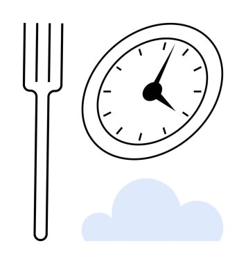 Sivri elli saat, minimalist çatal ve yumuşak bulut. Zaman yönetimi, yemek planlaması, diyet, programlama, verimlilik ve sağlıklı alışkanlıklar için idealdir. Basit düz metafor