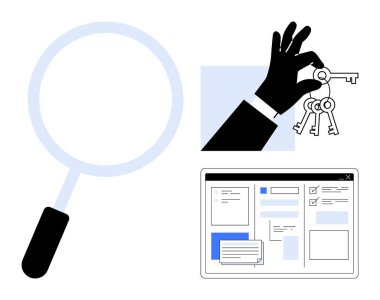 Büyüteç, el ele tutuşan anahtarlar ve dijital arayüz resimlemesi, basit bir düz metaforda erişim, araştırma, güvenlik, navigasyon, keşif, veri yönetimi ve kullanılabilirliği vurguluyor