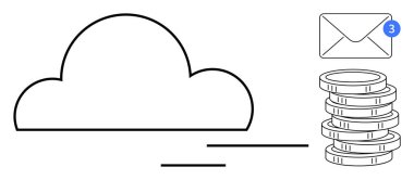 Bulut depolama simgesi, üç numaralı e-posta bildirimi ve istiflenmiş paralar veri yönetimi, dijital iletişim, finansal işlemler. Finans, teknoloji ve iletişim için ideal