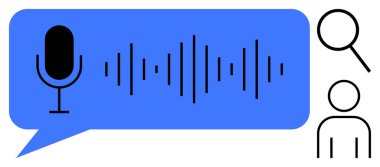 Mavi konuşma baloncuğunun yanında büyüteç ve kullanıcı simgesi ile eşleştirilmiş ses dalgası var. Konuşma tanıma, dijital asistan, ses komutu, kayıt, yapay zeka, arama için ideal