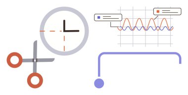 Saat ve makas, zaman ve verimliliği, dalga biçimi ile ızgarayı ve yorumları sembolize eder. Üretkenlik, organizasyon, öncelik, verimlilik, analiz, planlama için ideal, basit
