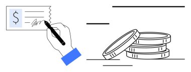 Elle imzalanan çek ve para yığını ödeme, finans, bankacılık, planlama, para yönetimi, işlemler ve bütçeyi sembolize eder. İş ekonomisi tasarrufları ve yatırım kavramları için ideal. A