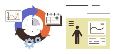 Döngüsel okları, takvimi, çizelgeleri, vitesi ve profil paneli olan saat üretkenliği, planlamayı, zaman yönetimini ve veri takibini temsil eder. İş akışı için ideal takım çalışması organizasyonu
