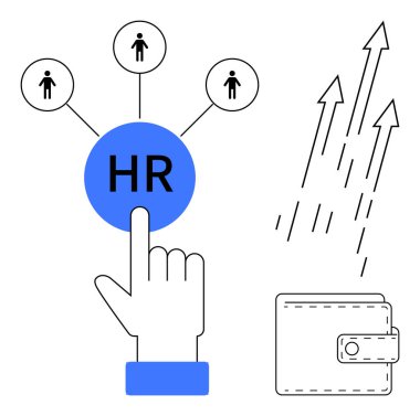 Mavi İnsan Kaynakları düğmesi insan simgesine bağlanmış, elini ona doğrultmuş. Yanında büyüyen oklar ve cüzdan var. İşe alım, liderlik, kariyer geliştirme, mali büyüme ve iş için ideal