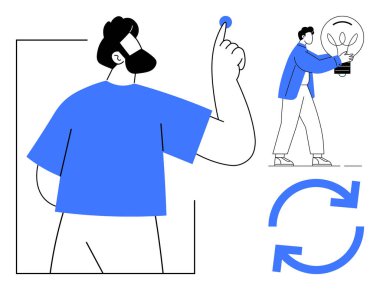 Birbirini işaret eden bir adam iki geri dönüşüm okuyla parlayan bir ampul taşır. Yenilik için ideal, takım çalışması, yaratıcılık, ilham, sürdürülebilirlik, ilerleme, beyin fırtınası. Basit düz metafor