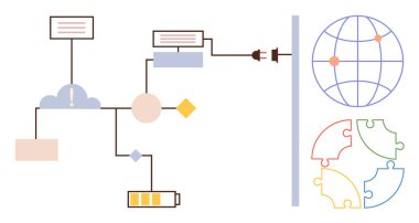 Bulutlu akış şeması, düğümler, pil ve veri süreçlerini gösteren fiş. Küre ve yapboz parçaları küresel işbirliği, bağlantı, yenilik, takım çalışması problem çözme ve enerjiyi temsil ediyor. İdeal