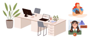 Dizüstü bilgisayarlar, sandalyeler, bitkiler ve kitaplarla dolu ofis masası. Bilgileri gözden geçiren karakter ve sahte haber uyarısı doğrulama, yanlış bilgilendirme ve dijital sorumluluk konularını vurguluyor. İdeal