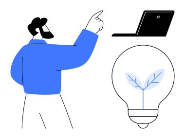 Dizüstü bilgisayarın yanında parmağını kaldıran bir adam ve içinde yaprak olan ampul. Yenilik, sürdürülebilirlik, eko-teknoloji, yaratıcılık, modern tasarım, yeşil enerji ve ilham için ideal. Basit düz metafor