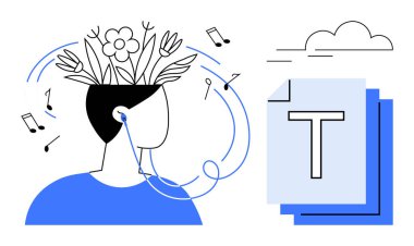 Müzik notalarıyla çevrili kulaklık takan kişi büyümeyi simgeleyen çiçekler, metin belgesi, bulut. Yaratıcılık, müzik, farkındalık, öğrenme, yenilik için ideal basit iniş sayfası