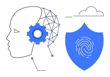 Sinir ağı ve teçhizatlı insan kafası, parmak izli kalkan, bulut. Yapay zeka, veri güvenliği, biyometri, şifreleme, yenilik teknolojisi mahremiyeti için ideal. Basit bir düz metafor.