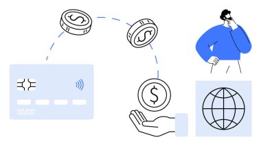 Küresel değişimi sembolize eden bir küreyle para transferi yapan bir kredi kartı. Finans, e-ticaret, kripto para birimi, küresel ticaret, dijital cüzdan, bankacılık, uluslararası
