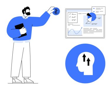 İş adamı elinde bir belge tutuyor, mali verilere değer katıyor, grafikleri gözden geçiriyor ve fikir güdümlü yenilikleri destekliyor. İş, analiz, finans, yenilik, strateji büyümesi için ideal