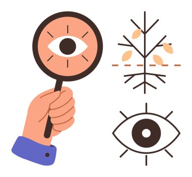 Gözlü büyüteç, kökleri, yaprakları ve tek gözlü soyut ağaç. Basit bir dairede araştırma, gözlem, büyüme, içgörü, keşif, görme ve kavramsal analiz için ideal