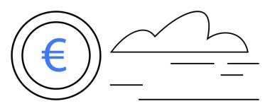 Çevrimiçi bankacılık, dijital ekonomi, e-ticaret, finans, bulut hesaplama, fintech yenilik ve küresel işlemleri temsil eden minimalist avro sikkesi ve bulut unsurları. Basit düz metafor