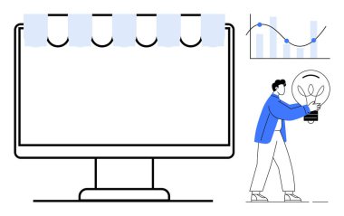 Boş ekranlı basit monitör, grafikler trendleri gösteriyor ve elinde ampul tutan adam. Takım çalışması, yenilik, iş büyümesi, analitik, vizyon, beyin fırtınası problem çözme için idealdir. Basit bir daire.