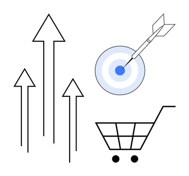 Büyümek için yukarı çıkan oklar, hassasiyet için hedefi vurmak ve ticaret için alışveriş arabası. Pazarlama, iş büyümesi, başarı, satış stratejisi, hedef başarı, analitik basit düz
