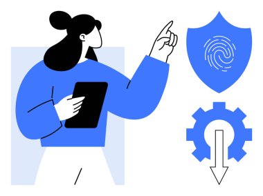 Kalkana parmak iziyle işaret ederken tablet tutan kadın figürü, indirme oku olan teçhizat. Siber güvenlik, veri koruması, güvenli erişim, kimlik doğrulama, yazılım, teknoloji için ideal